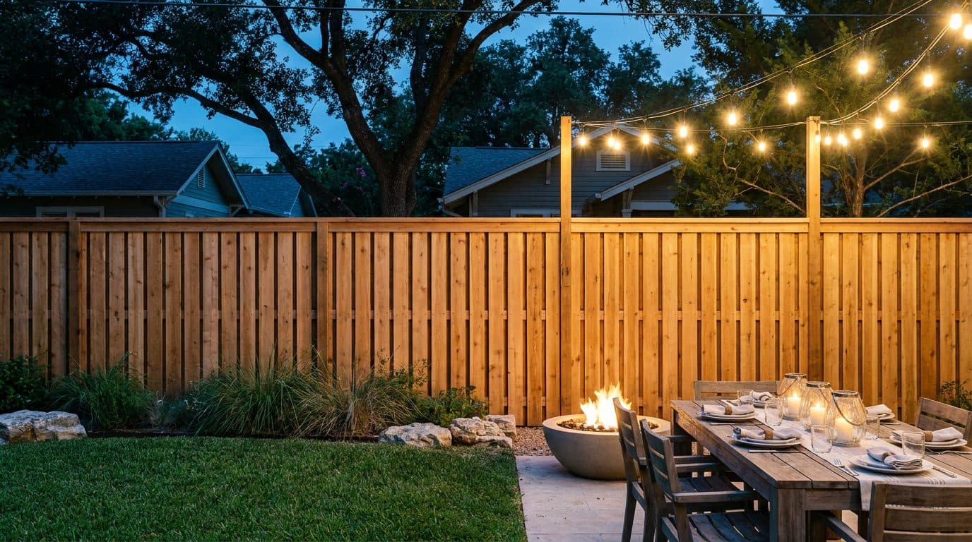 Backyard at dusk with a cedar privacy fence and string lights