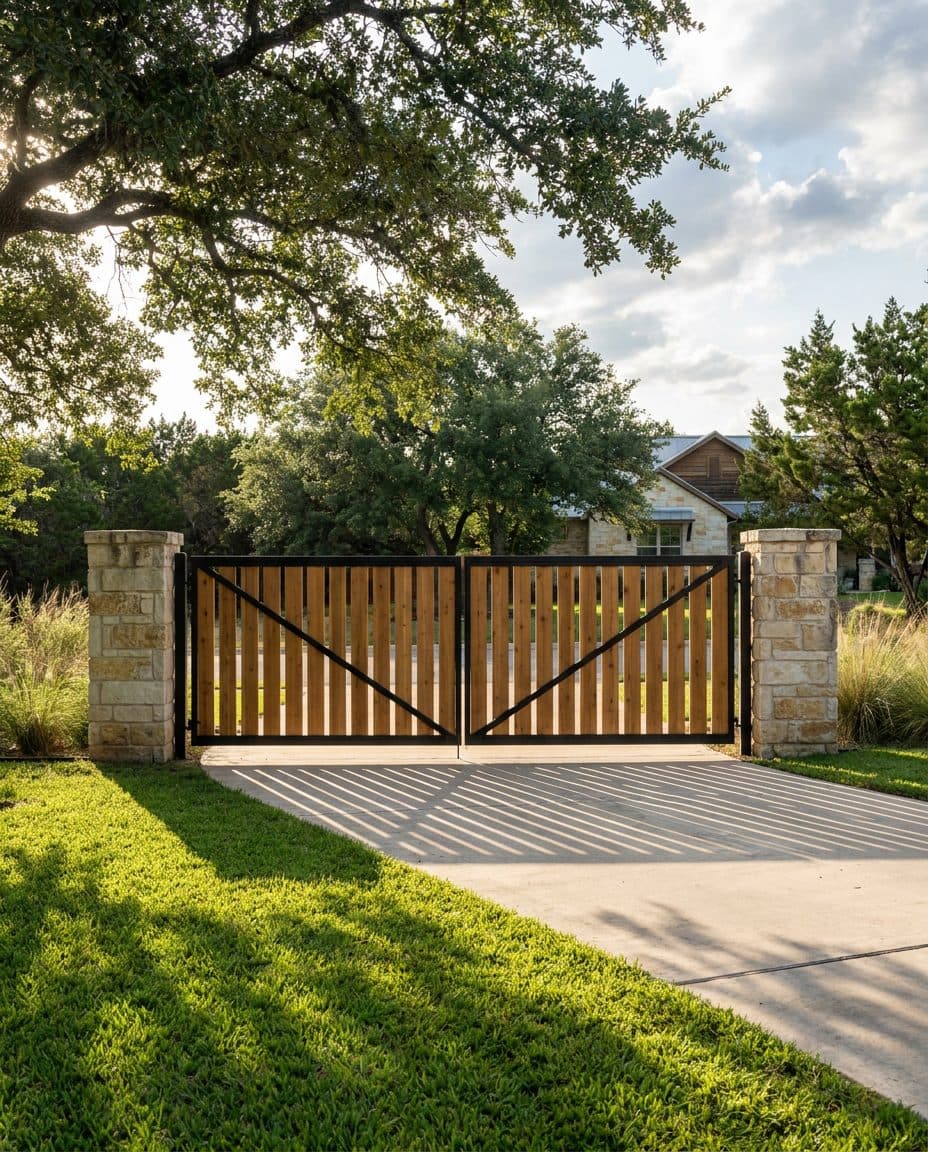 Cedar driveway gate with a black steel frame between stone columns