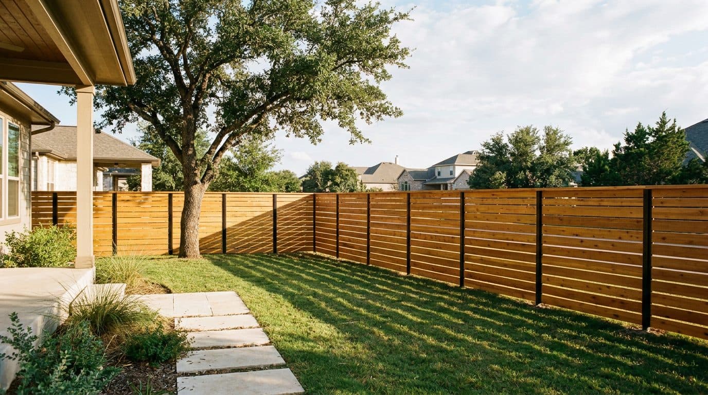 Horizontal cedar fence with black posts in an Austin backyard