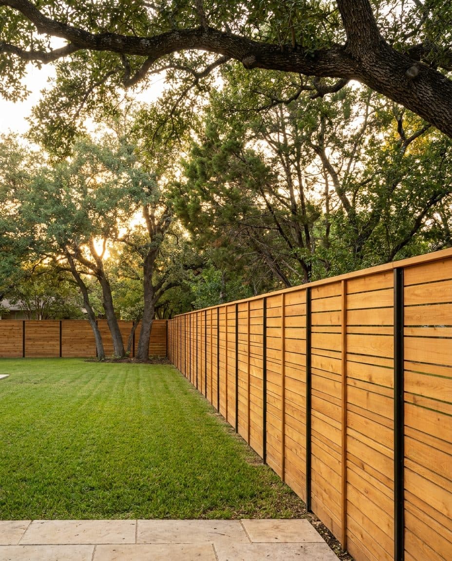 Horizontal cedar fence with black posts along a green lawn