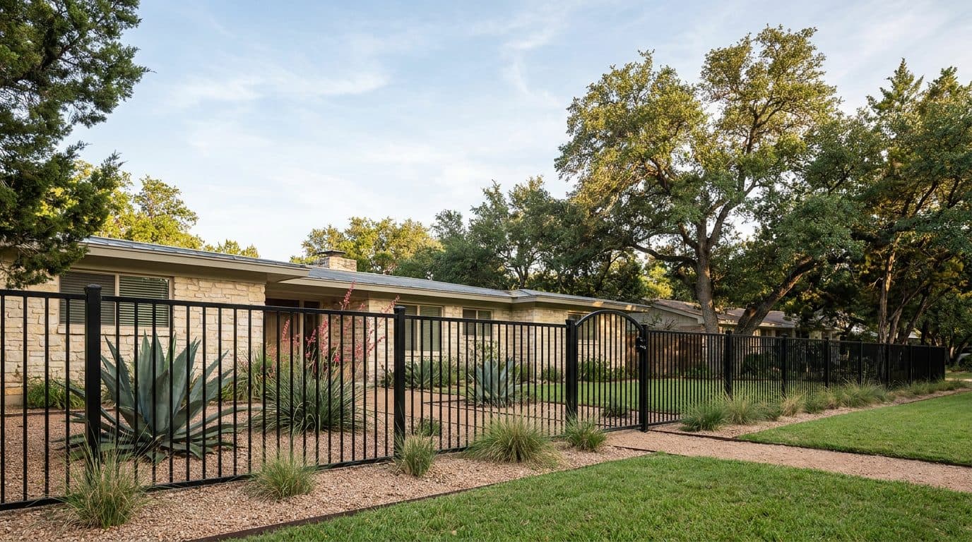 Black metal fence and gate in front of a limestone home