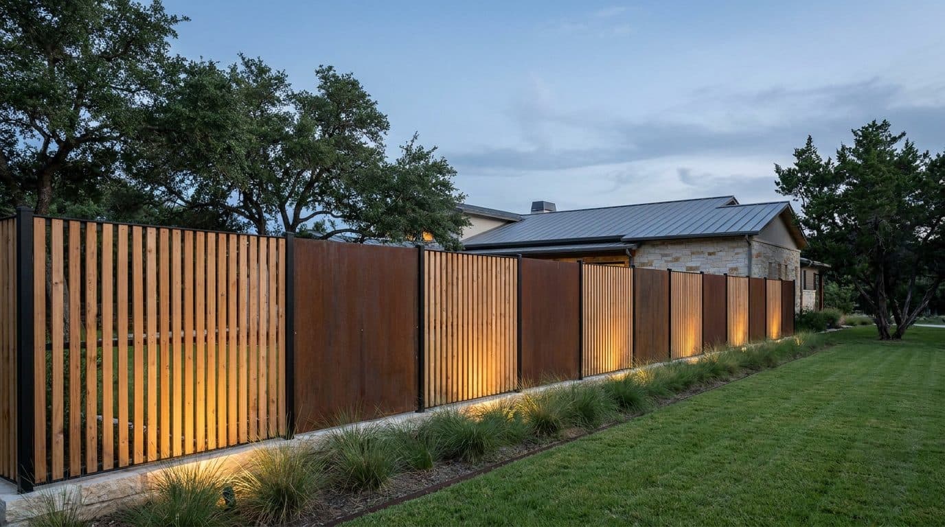 Modern fence with steel frames, cedar slats and steel panels at dusk