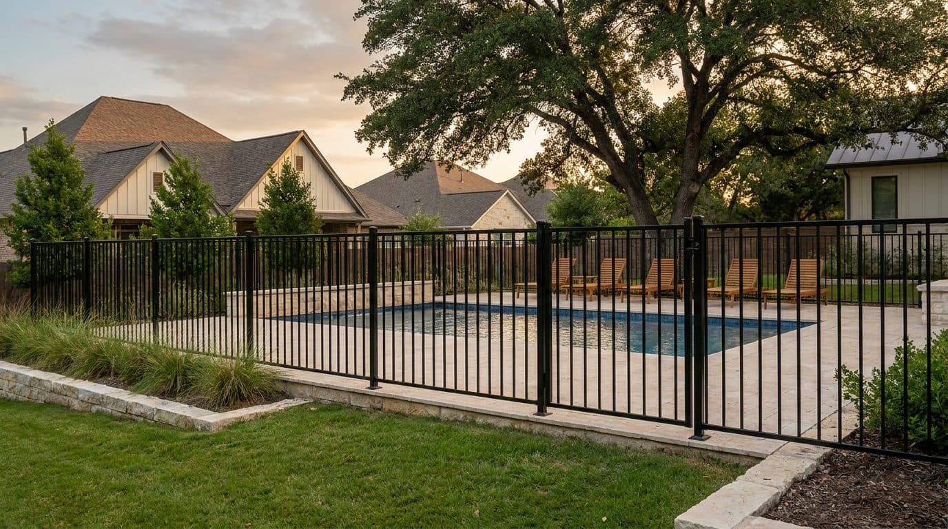 Black pool fence around a backyard pool